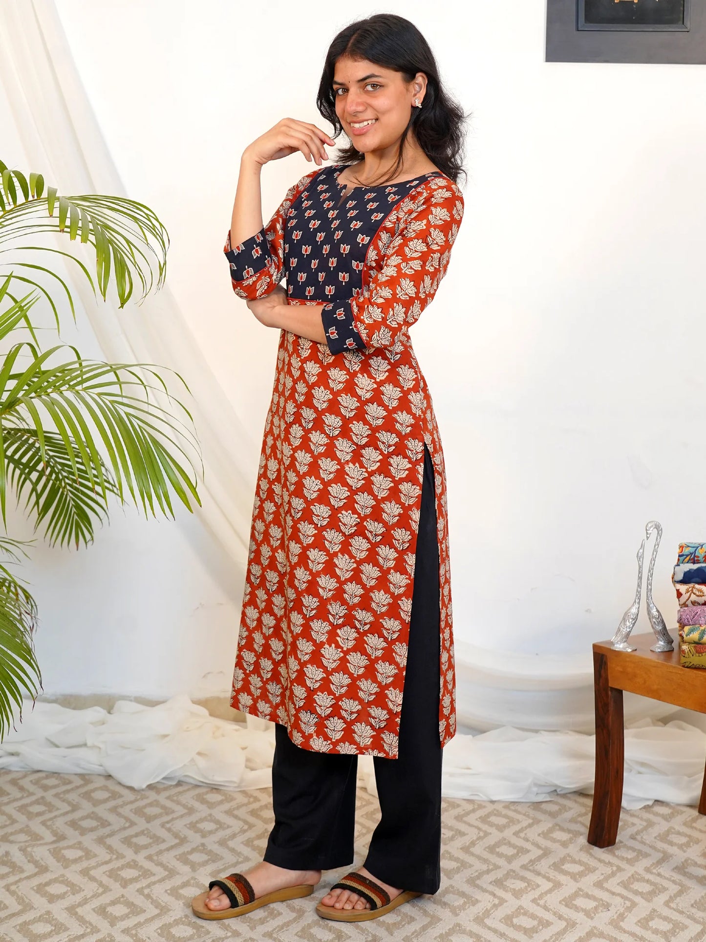 Ajrakh Double Lotus COTTON Yoke Kurta