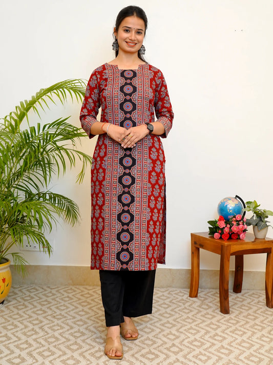 Ajrakh Maroon Block Printed COTTON Kurta