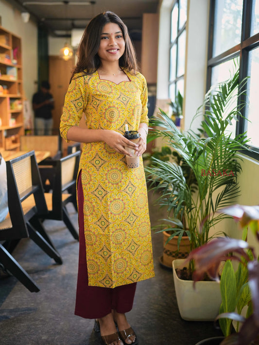 Ajrakh Yellow Diamond Block Printed Cotton Kurta