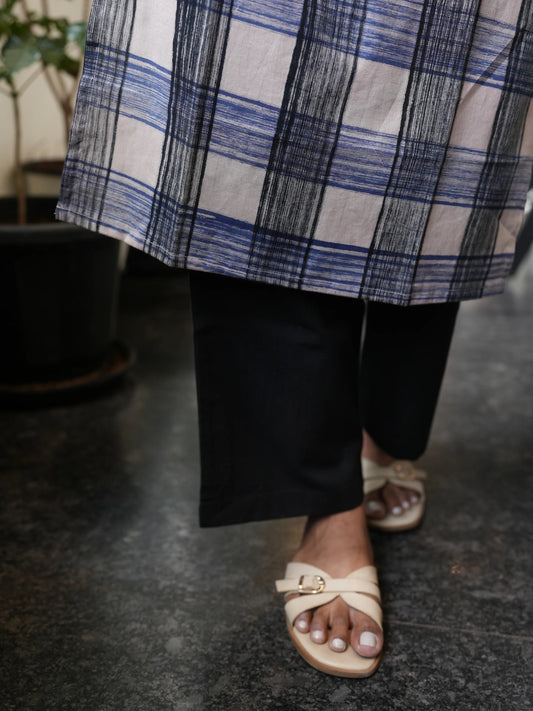 Black n Blue Checked Block Printed COTTON Kurta