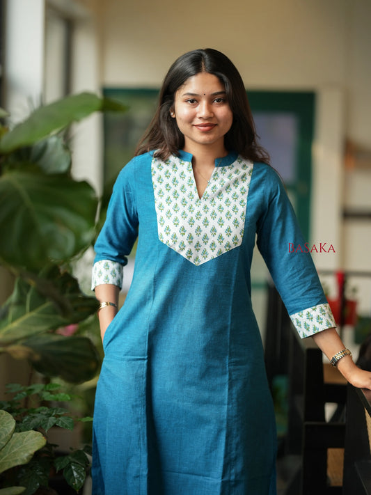 Flowers on Peacock A-line COTTON Kurta