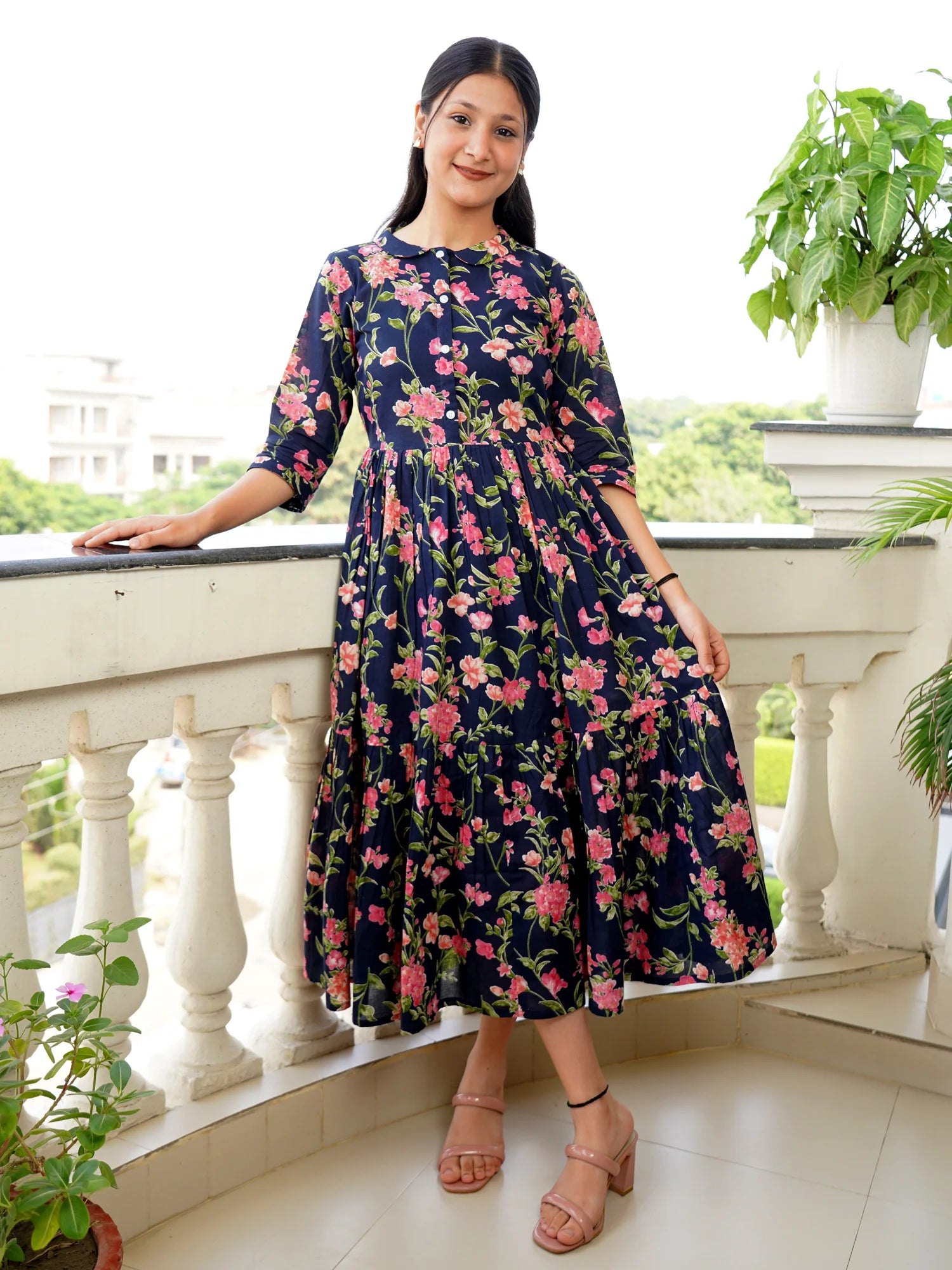 Blue Beige Garden COTTON Tiered Dress BaSaKa Blue Beige Garden COTTON Tiered Dress BaSaKa