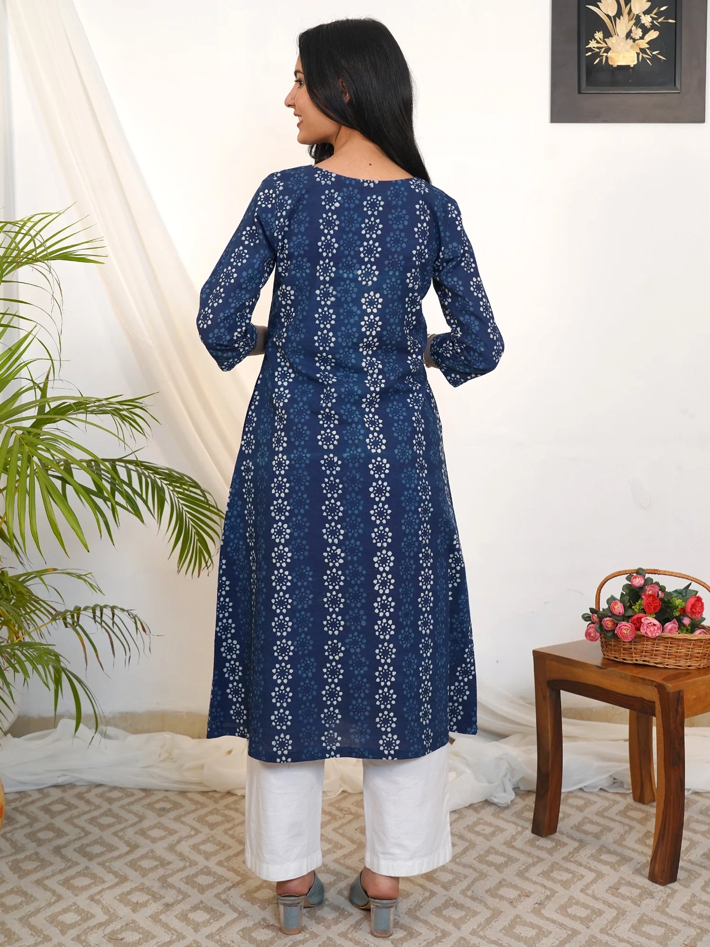 Blue Bloom Box-Pleated A-Line Cotton Kurta