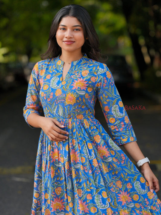 Blue Garden Block Printed COTTON Tiered Dress