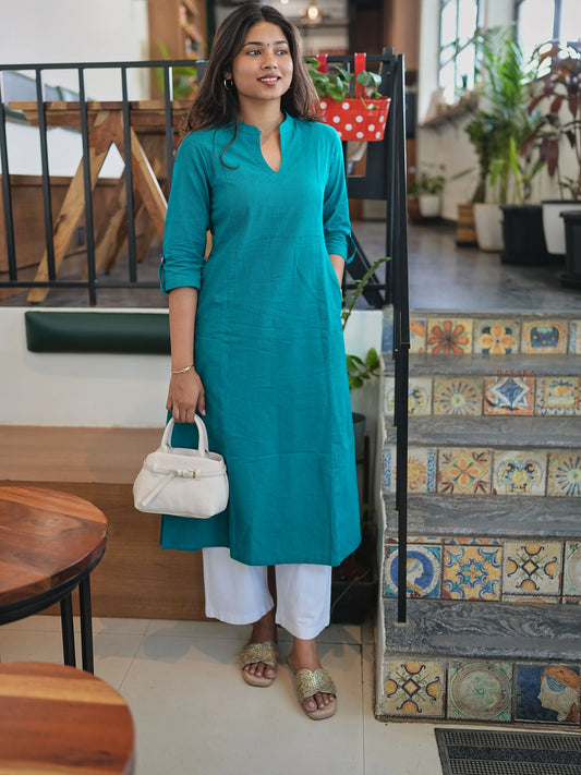 Rama Green A-Line Handloom Cotton Kurta
