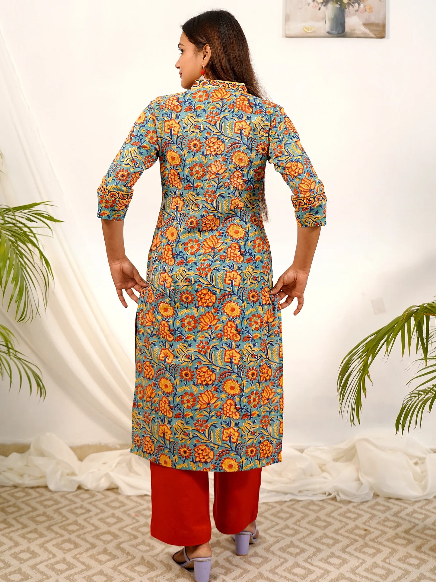 Bright Aqua Blossom COTTON V Collar Kurta