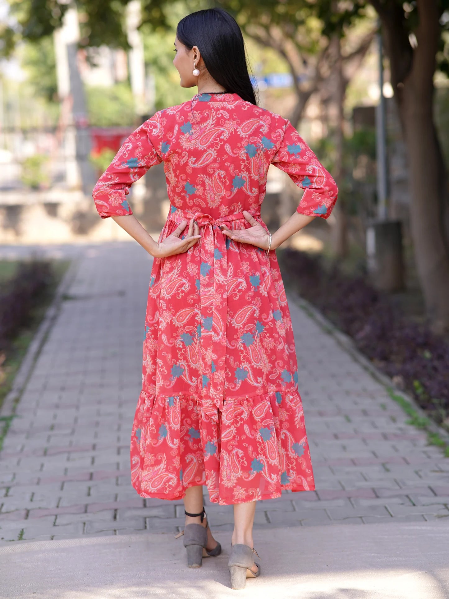 Carmine Bloom Georgette Tiered Dress