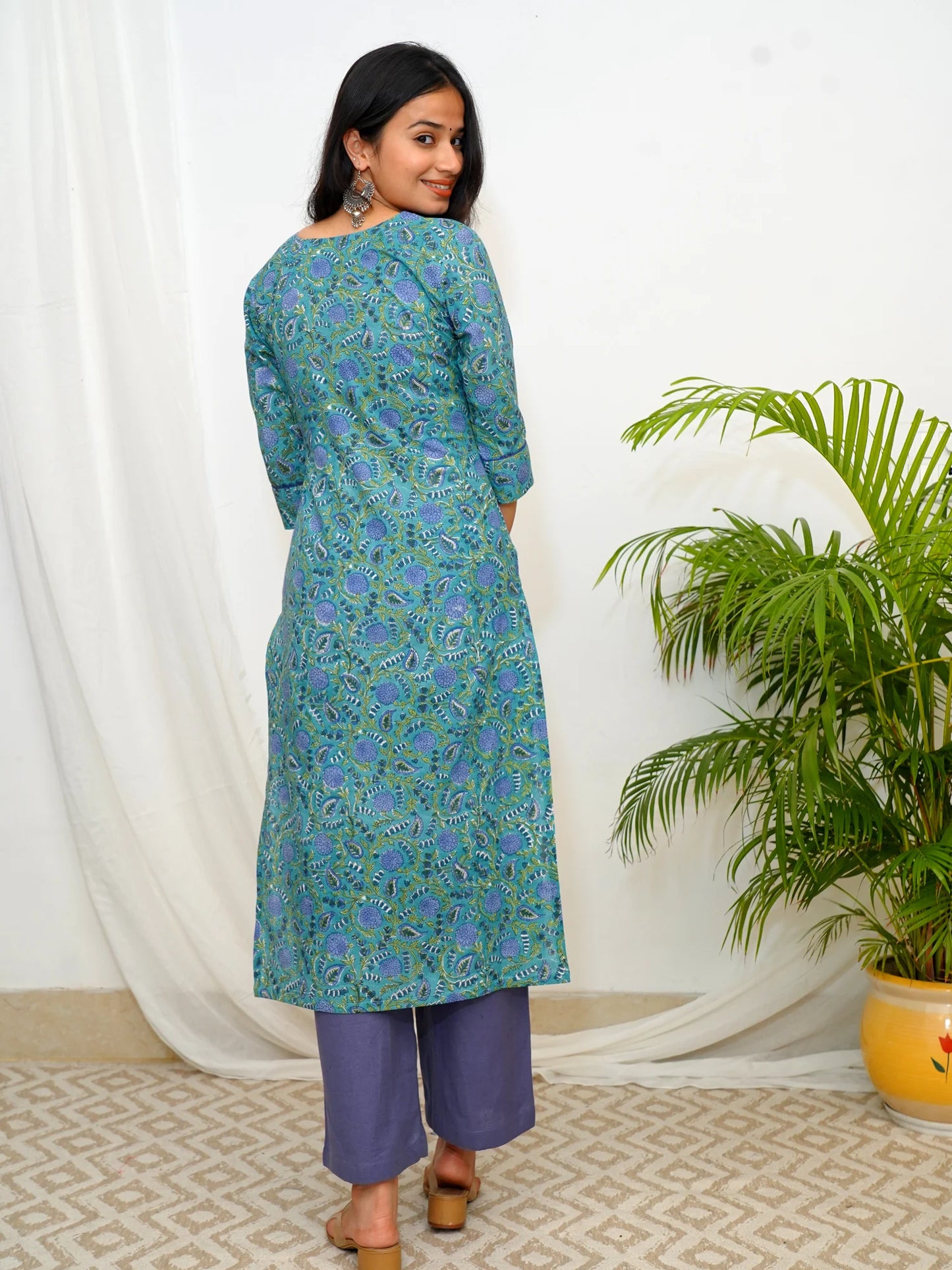 Cerulean Blue Floral Block Printed COTTON Kurta
