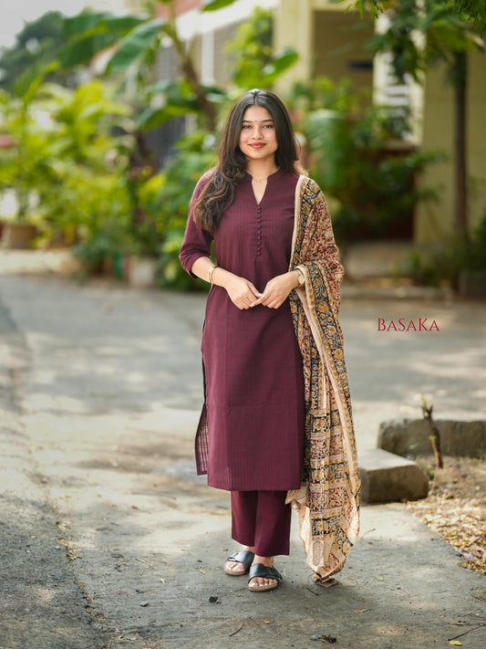 Coffee Brown Kalamkari South Cotton Suit Set (3Pcs.)