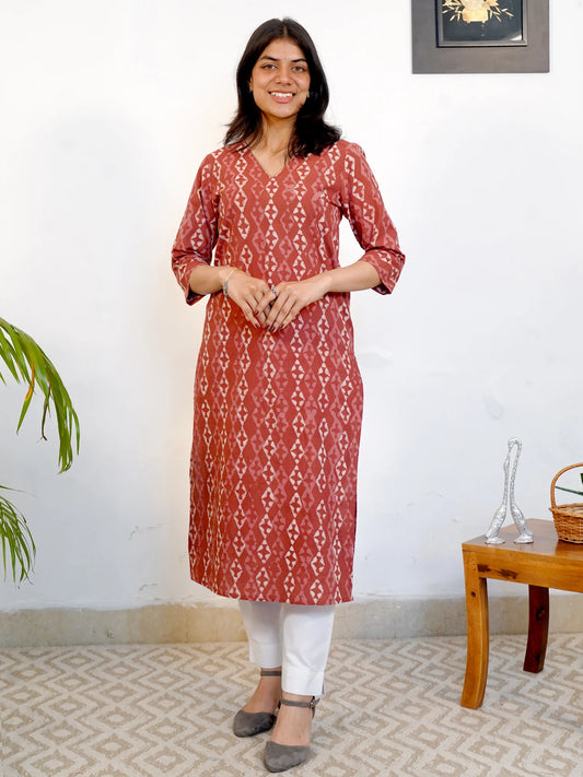 Coral Pink Diamond Block Printed COTTON Kurta