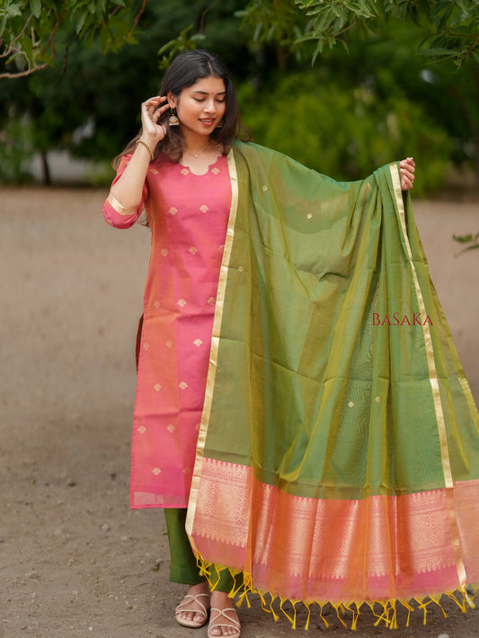 Coral Pink Kora Silk Suit Set (3 Pcs) with lining