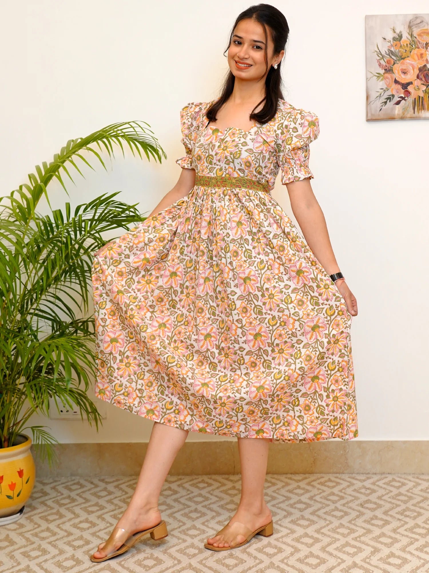 Blossom Cotton Maxi Dress - Aya Green Blockprint