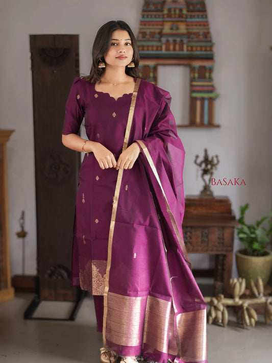 Deep Purple Kora Silk Suit Set (3 Pcs) with lining