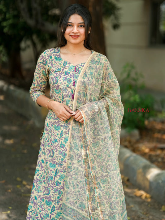 Dutch White Jaal Floral Block Printed Suit Set (3 pcs.)