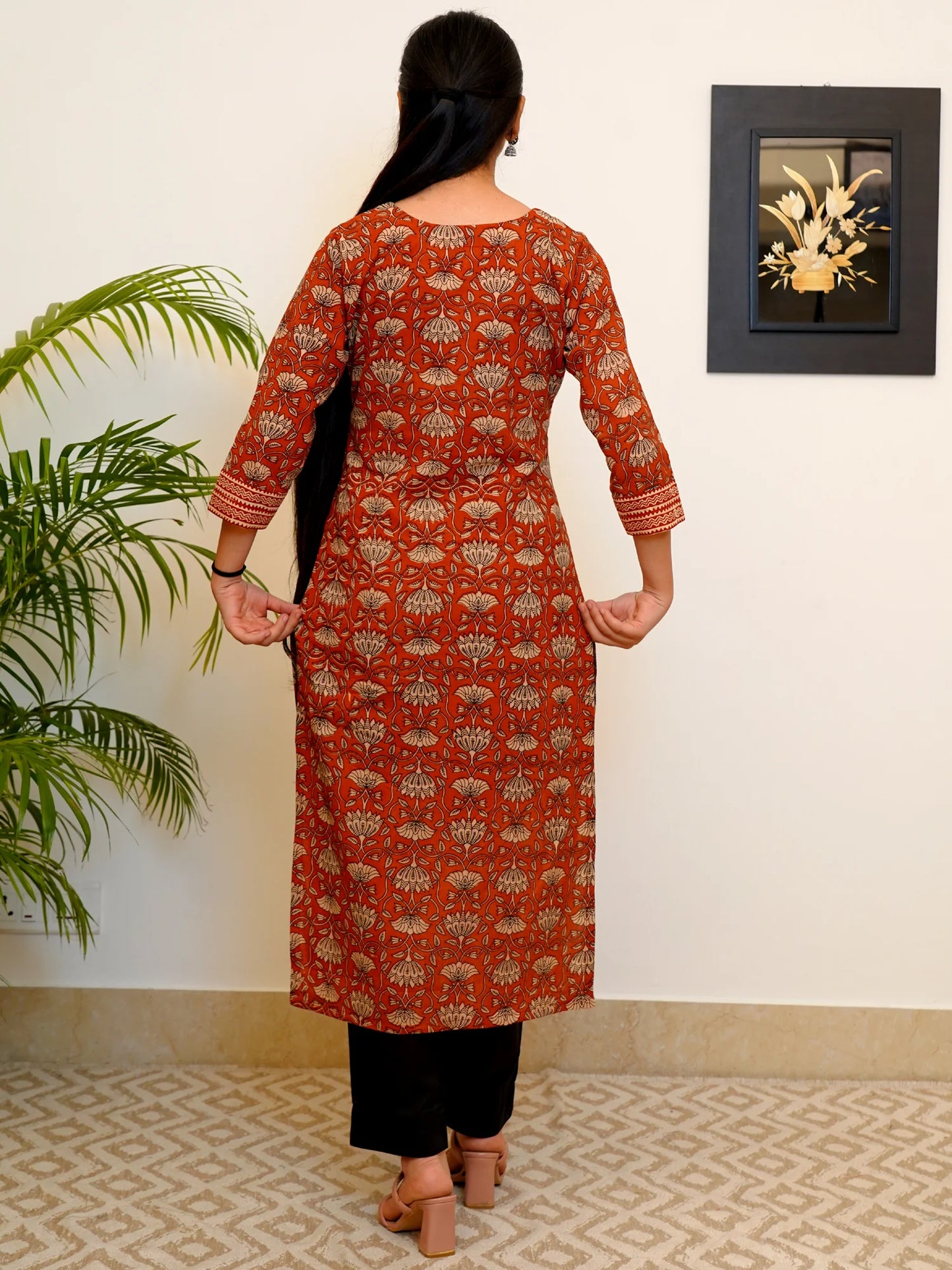 Earth Red Block Printed COTTON Yoke Kurta