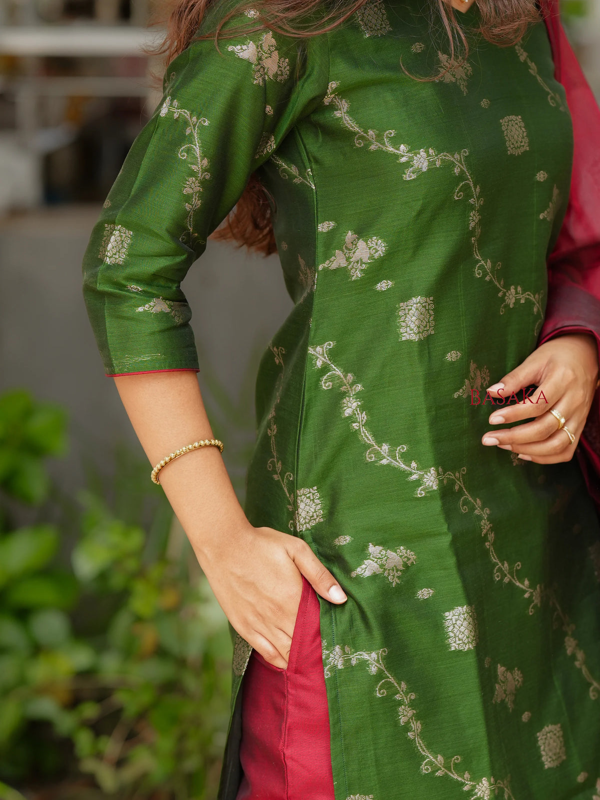 Emerald Green n Rich Maroon Kora Silk Suit Set (3 Pcs.) with Lining