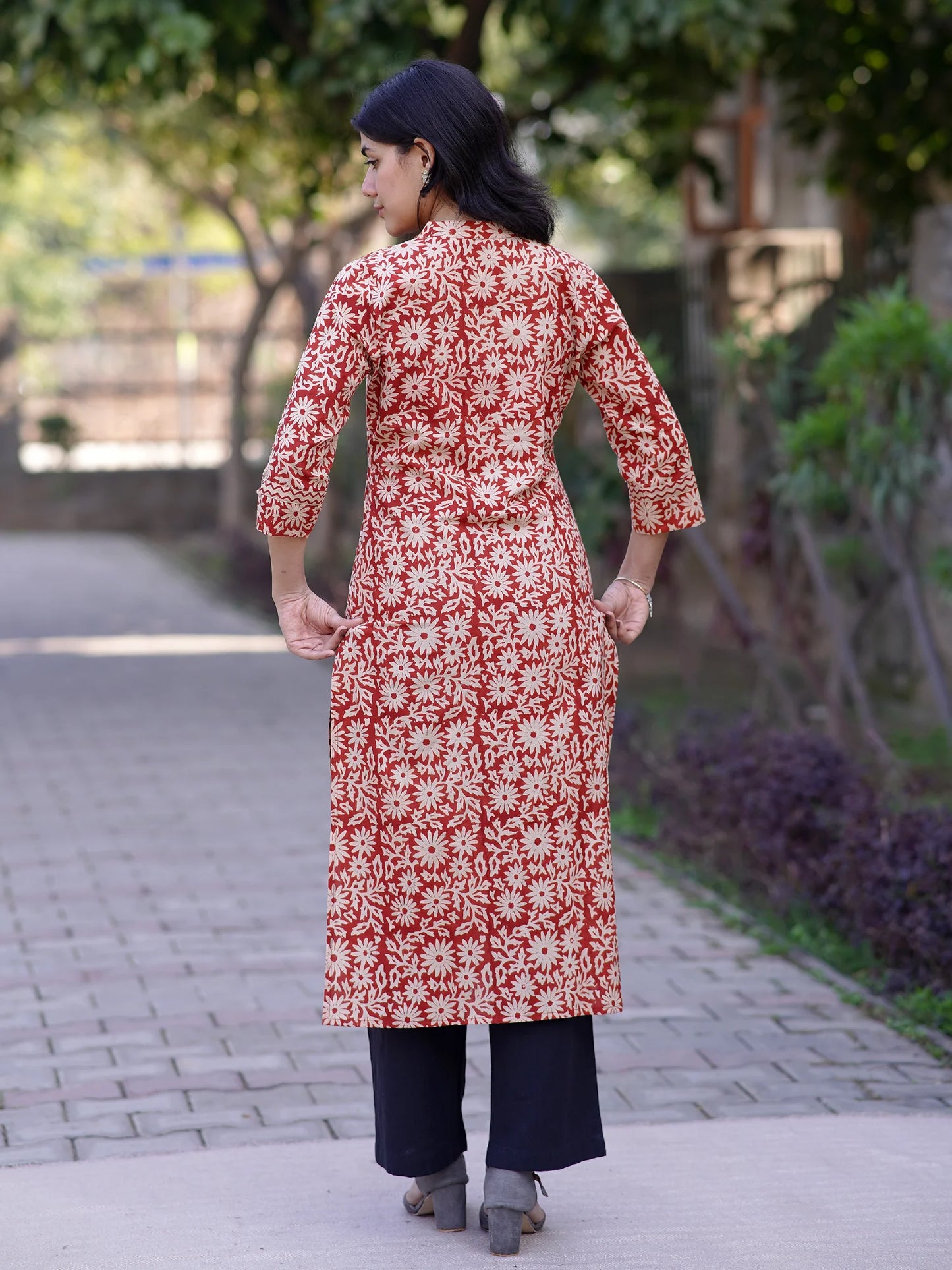 Firebrick Floral Block Printed COTTON Kurta