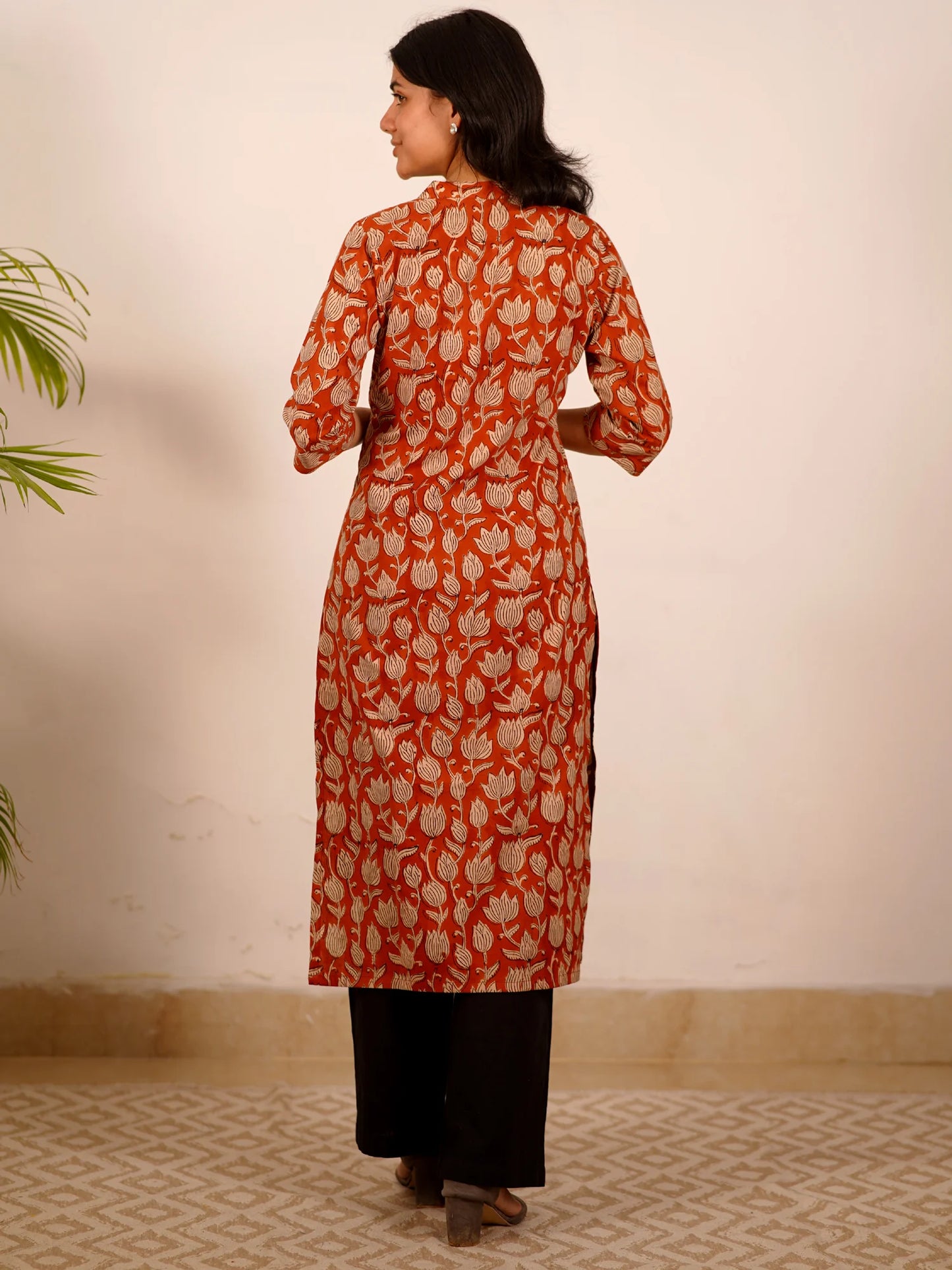 Firebrick Lotus Block Printed Collar Kurta