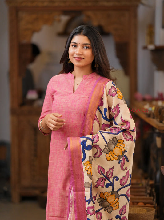 French Pink South Cotton Handloom Suit Set with Kalamkari Duppata