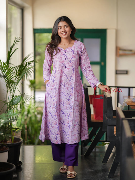 Lavender Floral Block Printed A-line COTTON Kurta