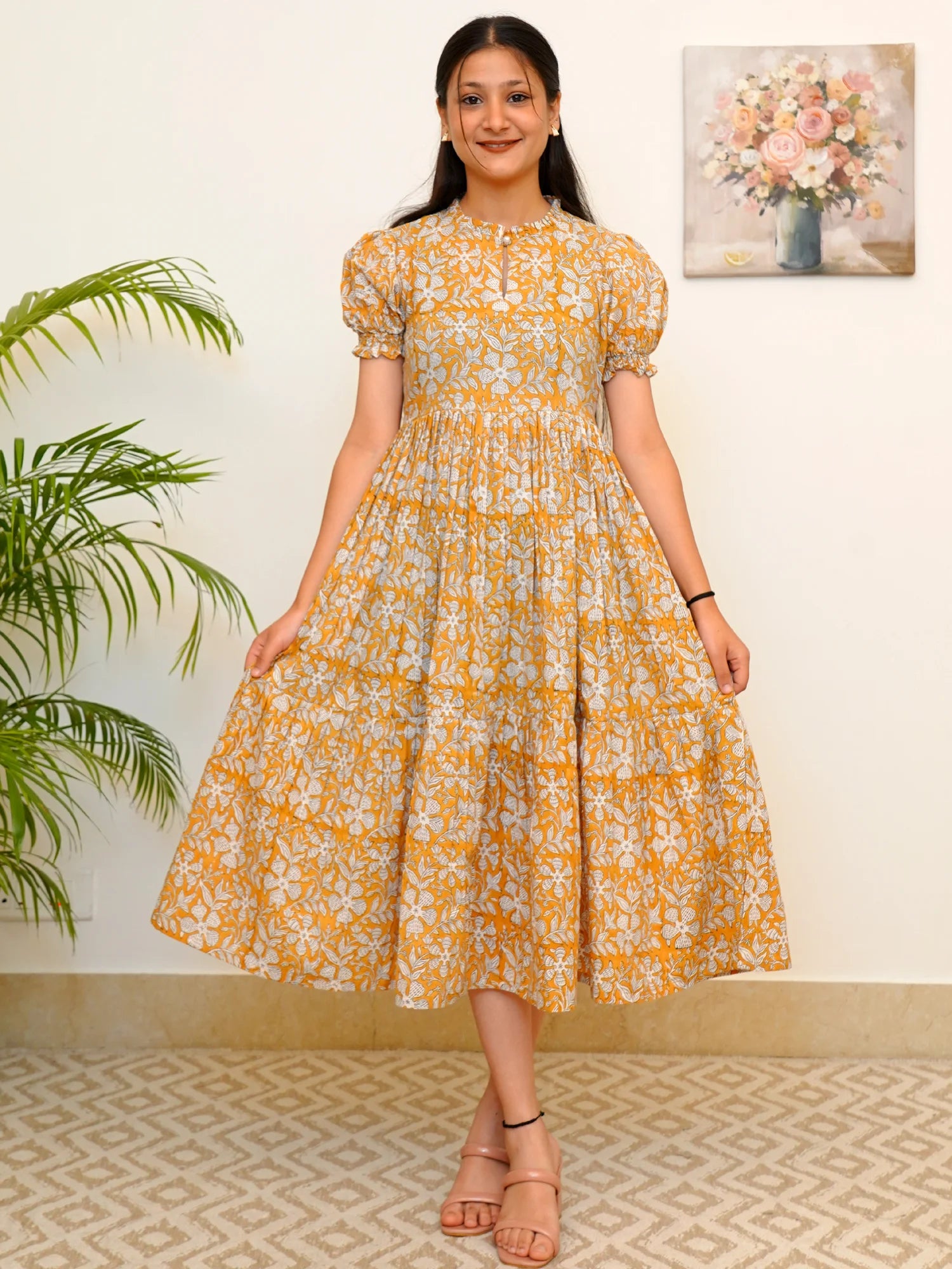 Golden Aura Bloom Block Printed COTTON Tiered Dress – BaSaKa