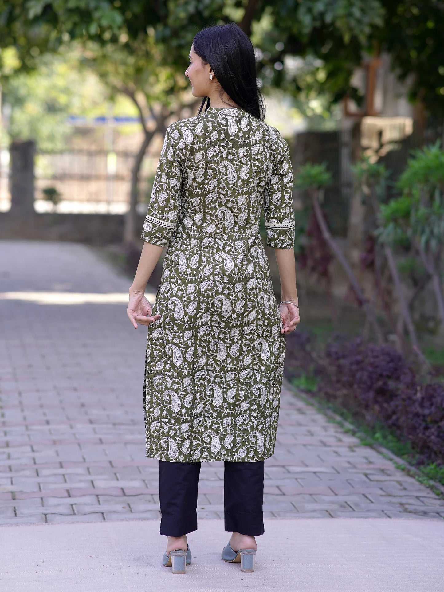 Green Floral COTTON Collar Kurta