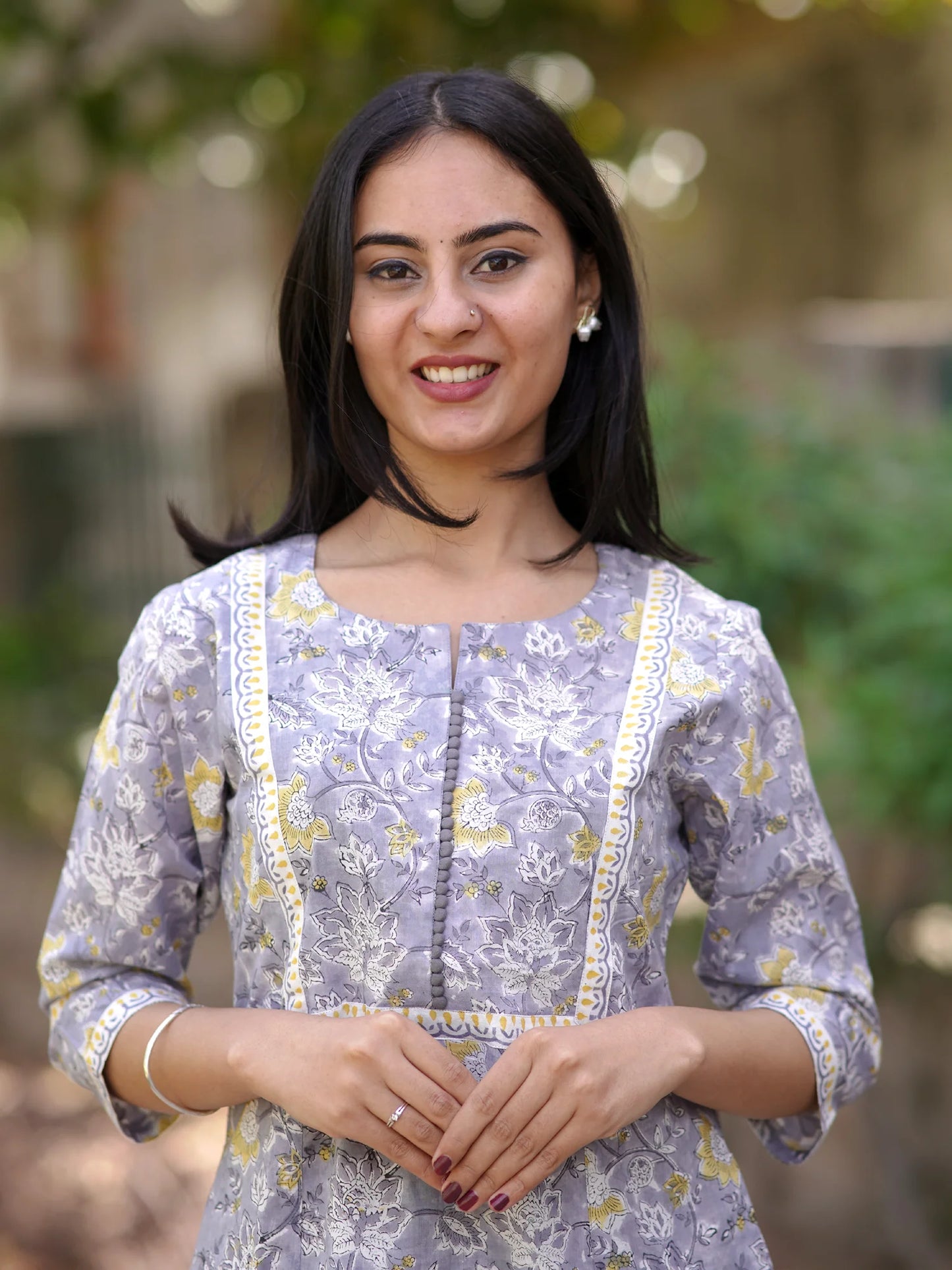 Grey Mustard Melody Block Printed A-Line COTTON Kurta