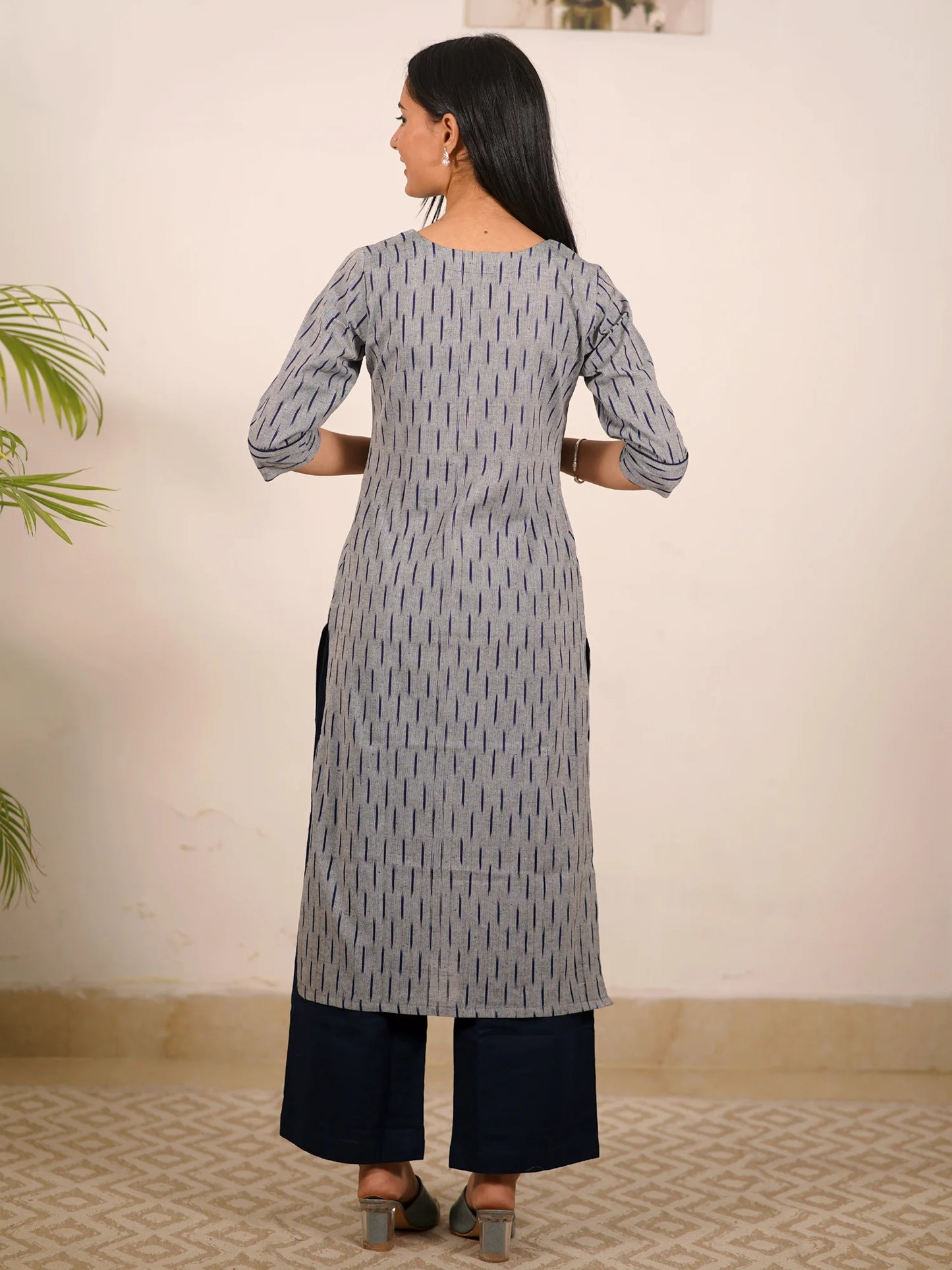 Grey n Blue Motif IKKAT Handloom Cotton Kurta