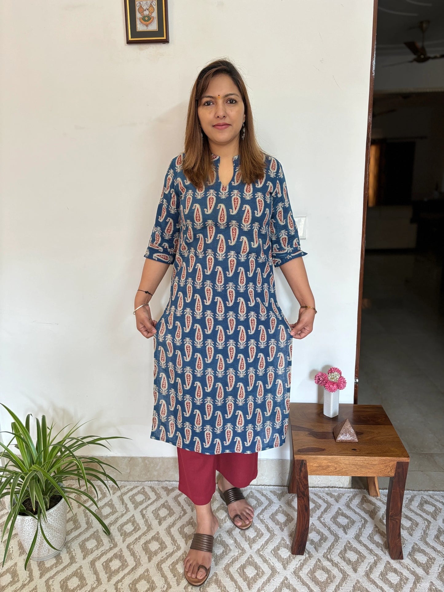 Ajrakh Blue Ambi Print Collar Kurta