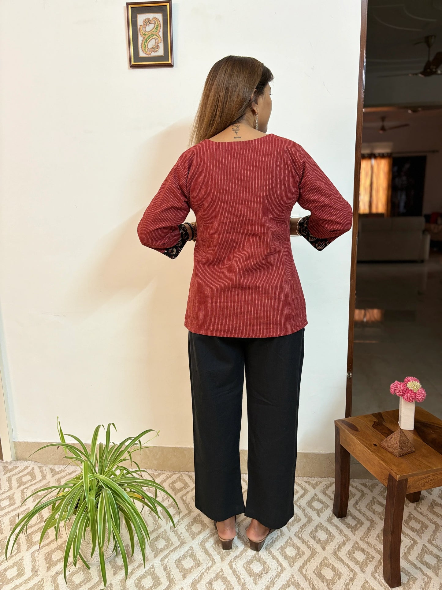 Ajrakh Maroon Kantha Yoke Kurti