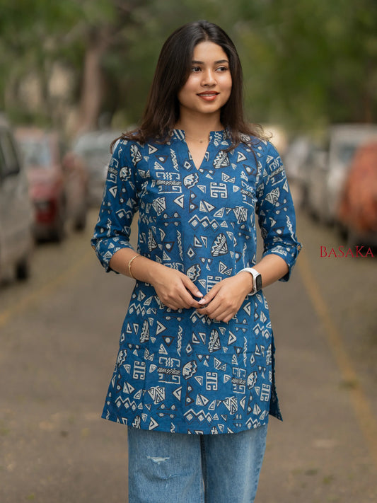 Indigo Geometric Breeze Cotton Short Kurti