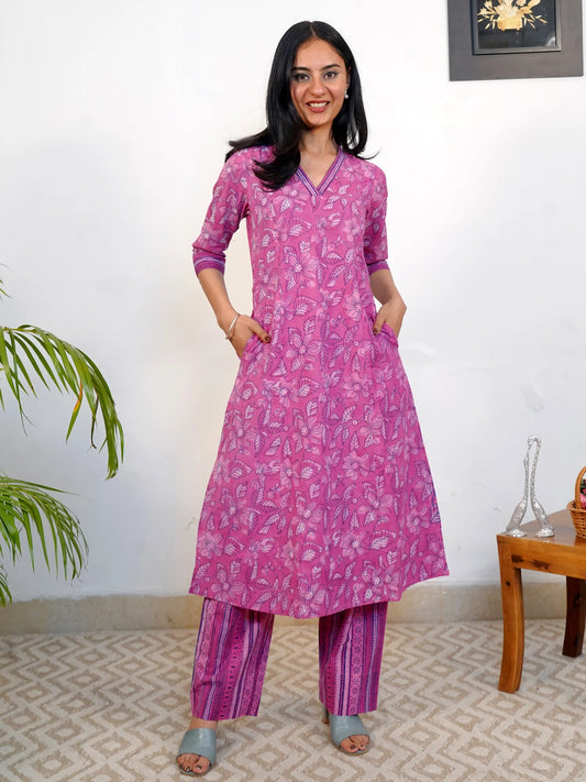 Lavender Leaf and Flower A-Line Kurta Set