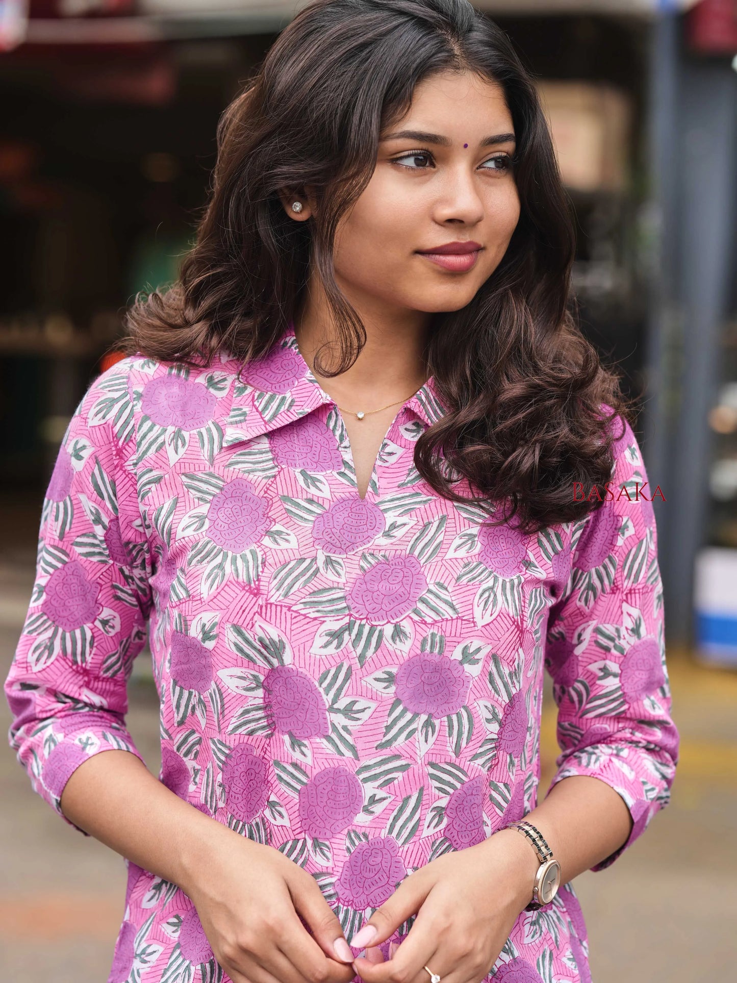 Lavender Roses Block Printed Cotton Kurta