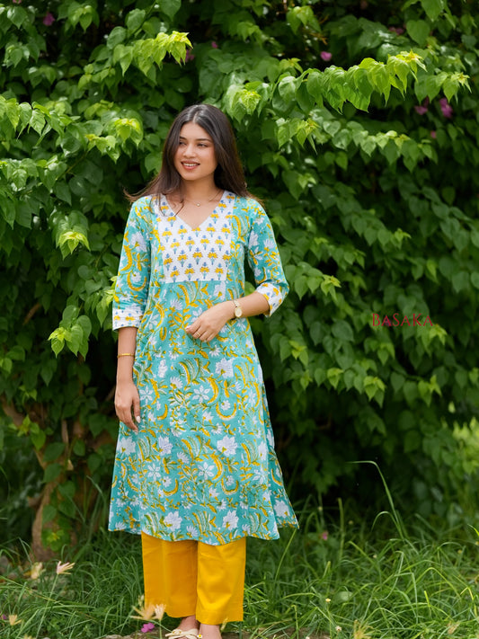 Light Sea Green Floral Hand Block Printed COTTON Kurta