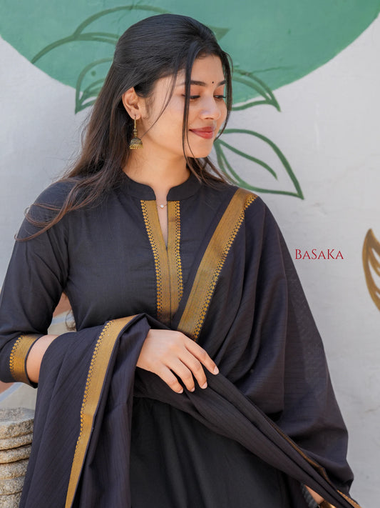 Mangalagiri Smoky Black Anarkali Suit Set (3 Pcs.) with lining