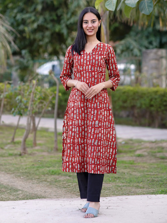 Maroon Fish Symphony Block Printed A-Line Kurta