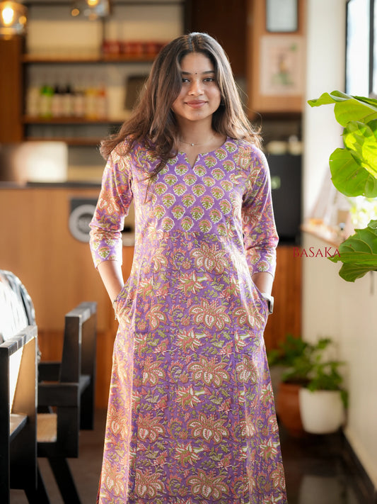 Mauve Purple Floral Block Printed Aline COTTON Kurta