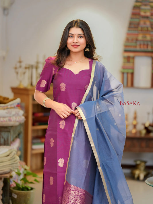 Mulberry n Grey Kora Silk Suit Set (3 Pcs) with lining