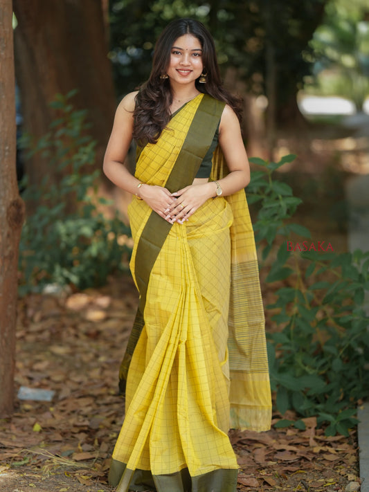 Mustard Checked Handloom SILK COTTON Saree