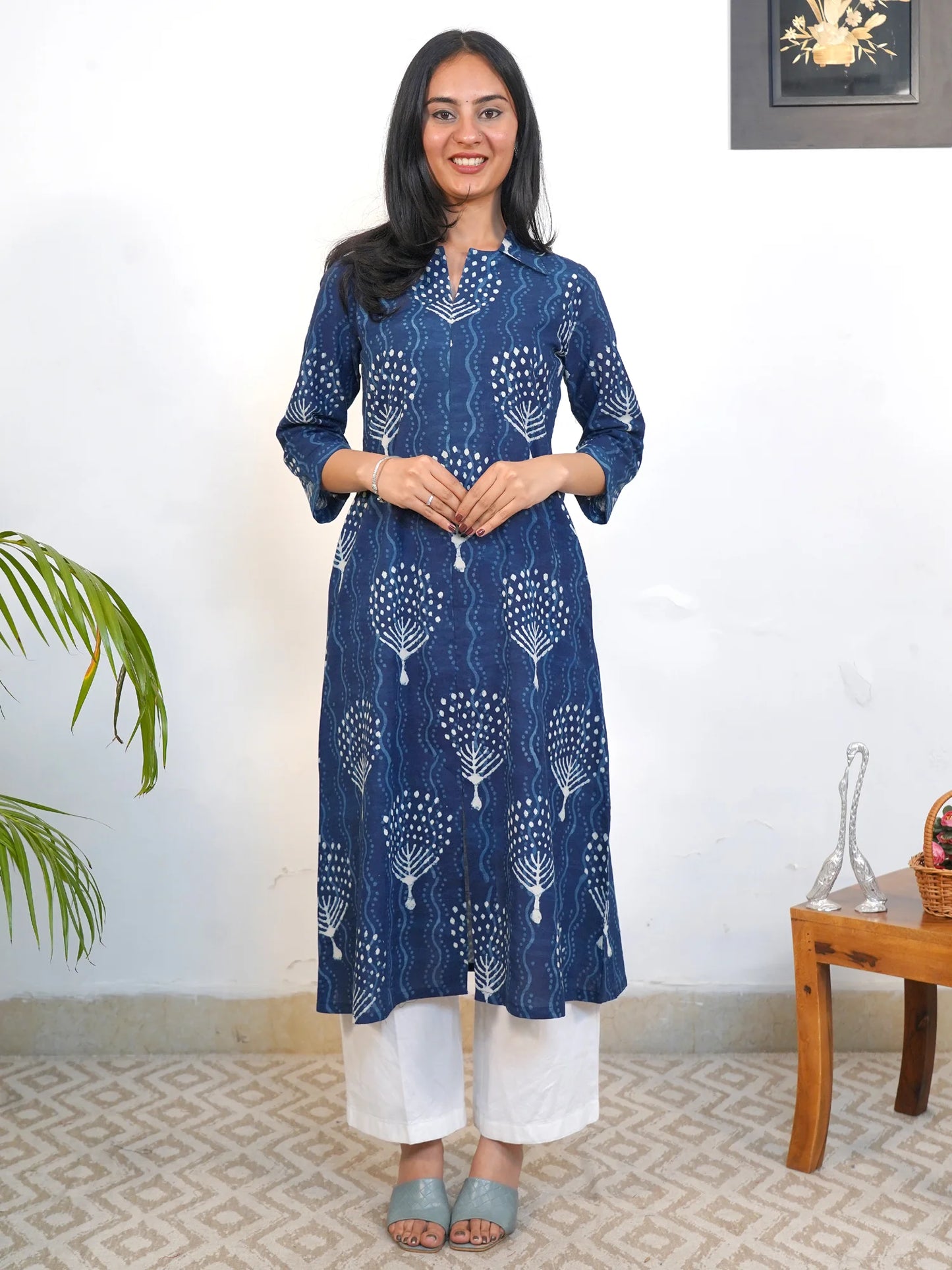 Navy Blue Floral Block Printed A-Line COTTON Kurta