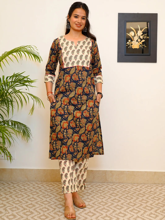 Navy Blue Collar COTTON Kurta Pant Set