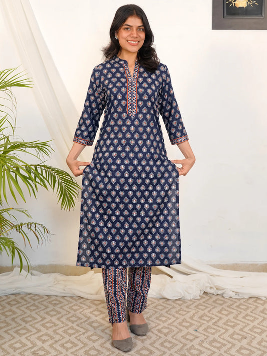 Navy Blue Motif Kurta Pant Set