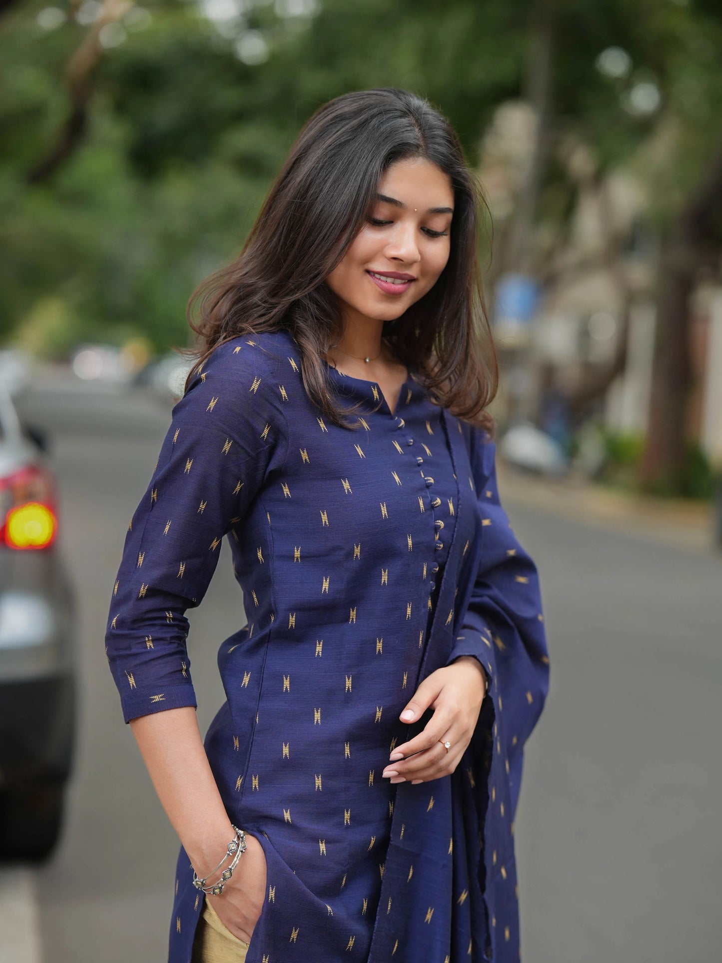 Navy Blue Soft Raw Silk Suit Set (3 Pcs.) with Lining