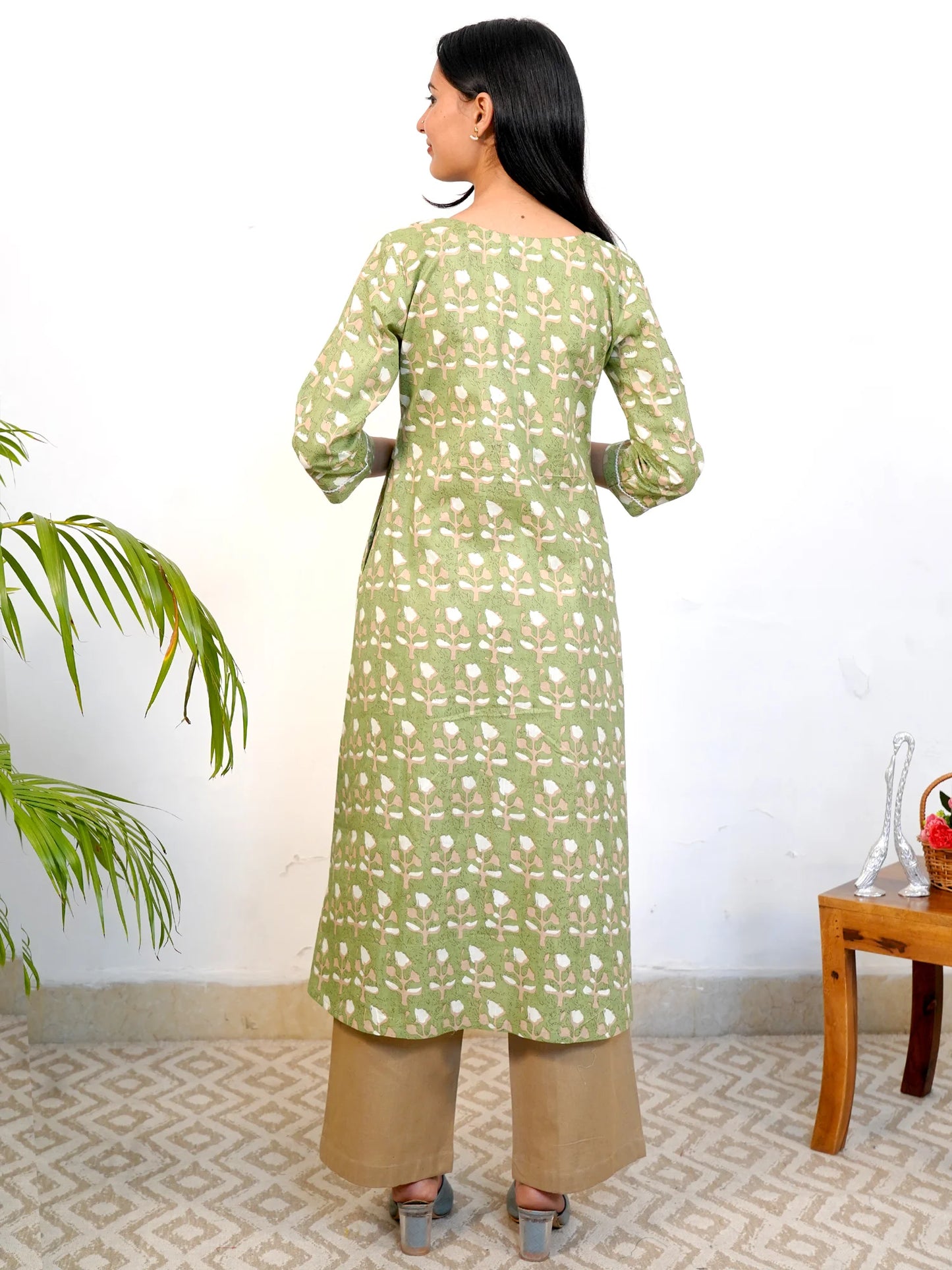Olive Floral Box Pleated COTTON Kurta
