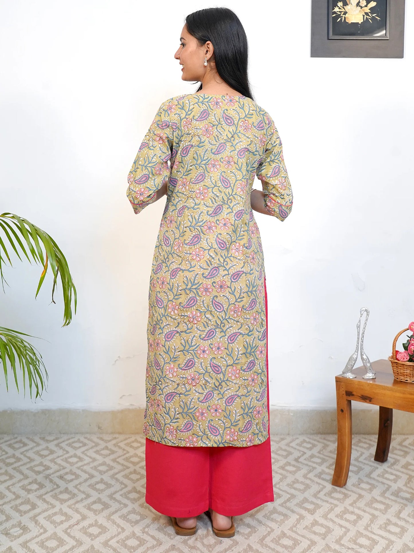 Olivine and Pink Ambi Block Printed COTTON Kurta