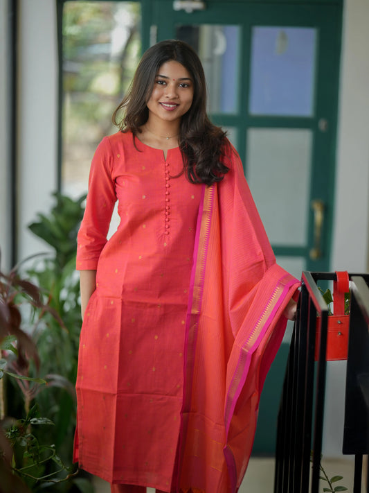 Orange South Cotton Handloom Suit Set (3Pcs.) with lining