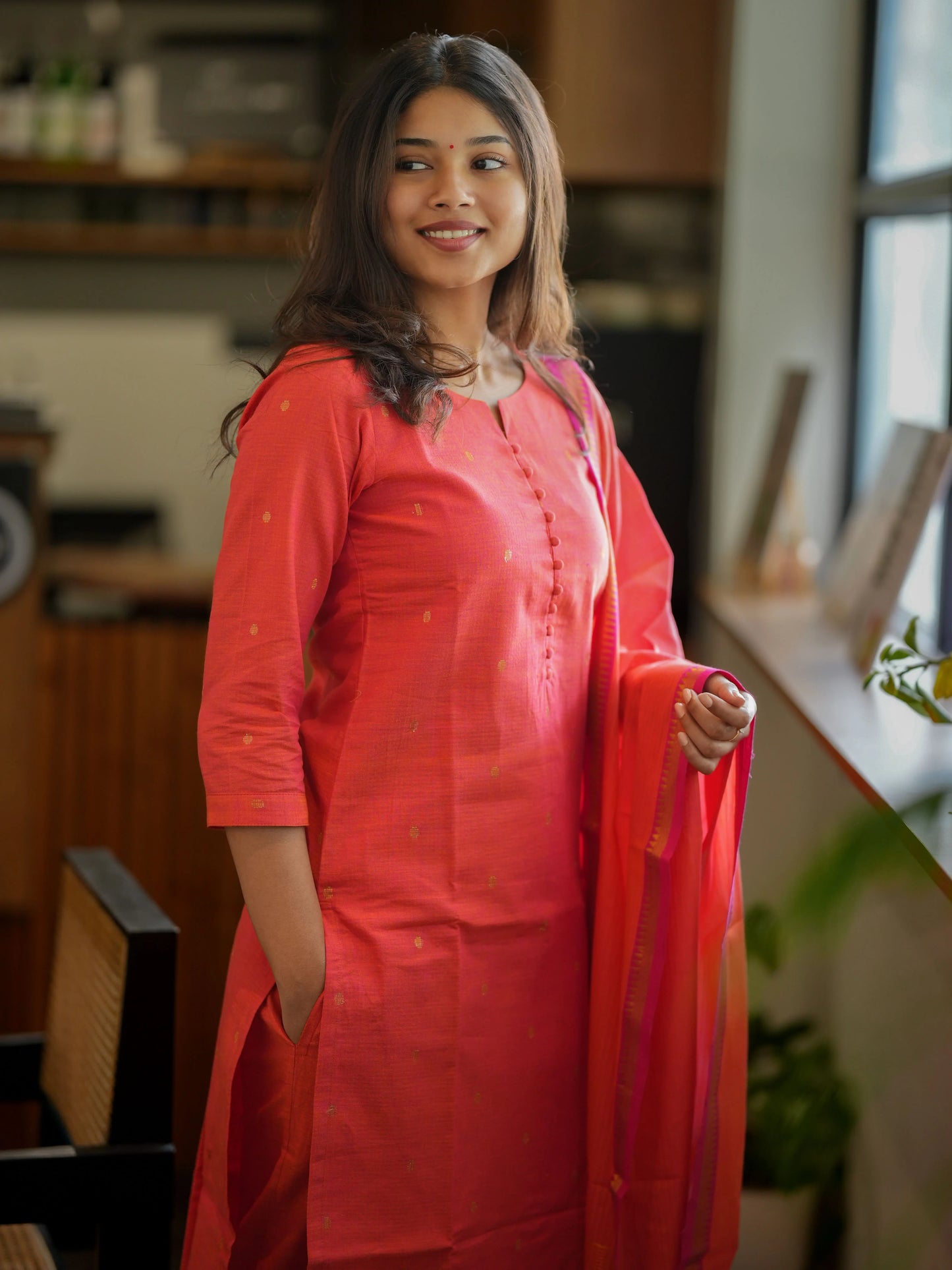 Orange South Cotton Handloom Suit Set (3Pcs.) with lining