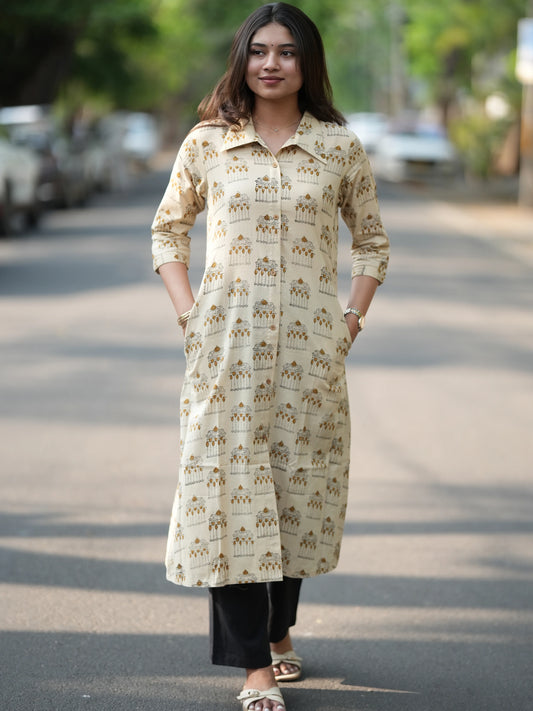 Pallakku on Sand Aline Block Printed COTTON Kurta