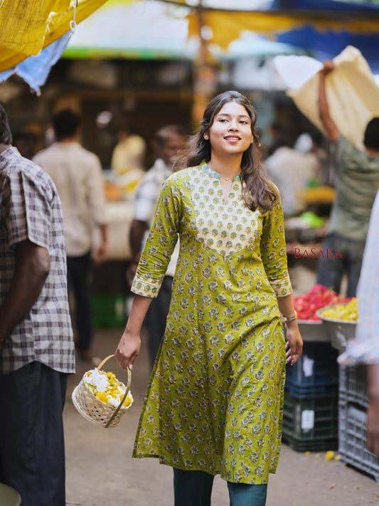Parrot Green Blossom A-line COTTON Kurta