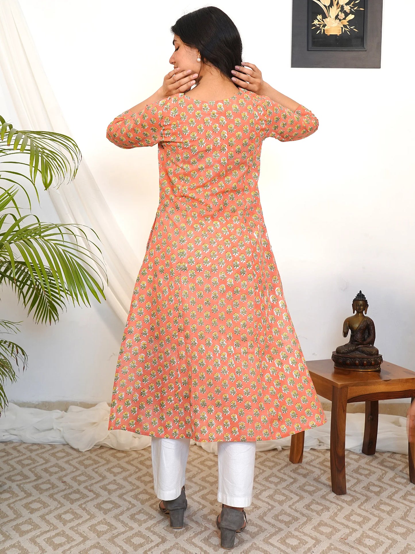 Peach Mist Floral COTTON A-Line Kurta